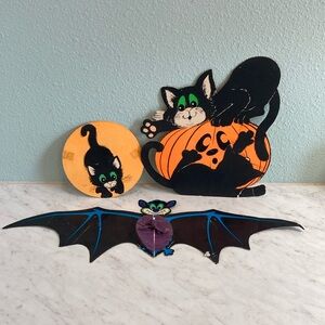 Vintage Cat Bat Halloween Fall Decor Set of 3